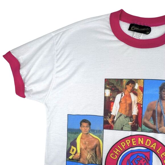 Vintage 90s Chippendales Stripper Sleep Shirt Pink Ringer Tee Single Stitch USA - Picture 4 of 16